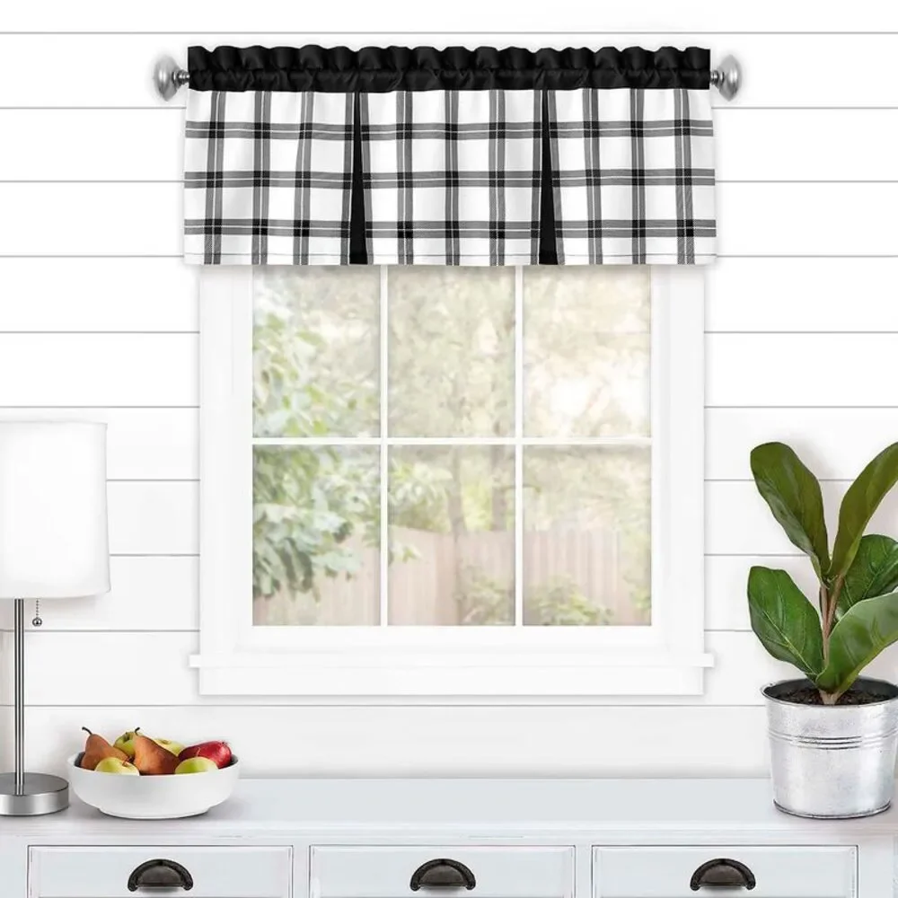 PowerSellerUSA Semi-Sheer Two-Tone Modern Kitchen Curtain with Classic Plaid